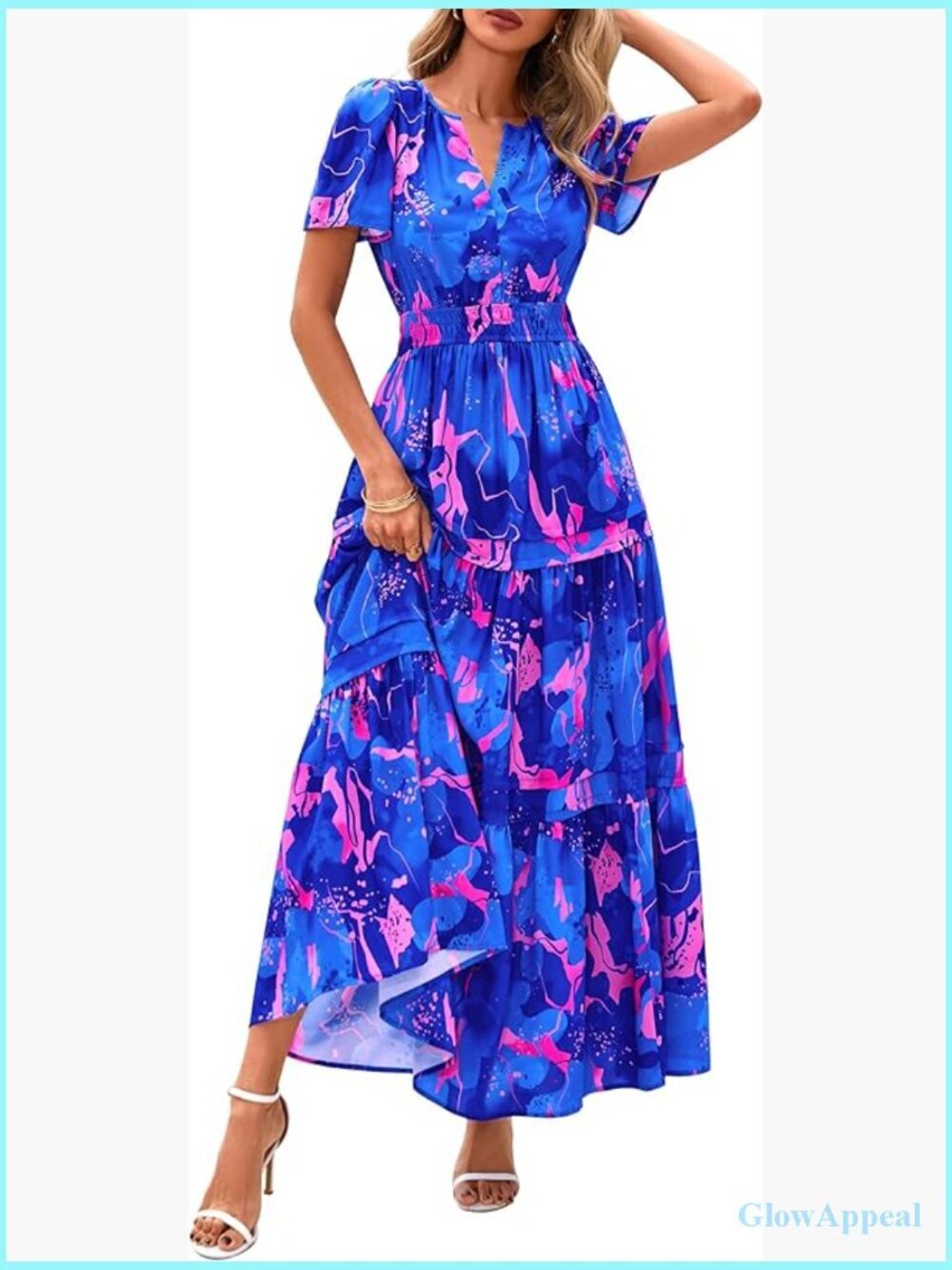 Boho Maxi Dress Short Sleeve V Neck A Line Tiered Flowy Long Beach Vacation